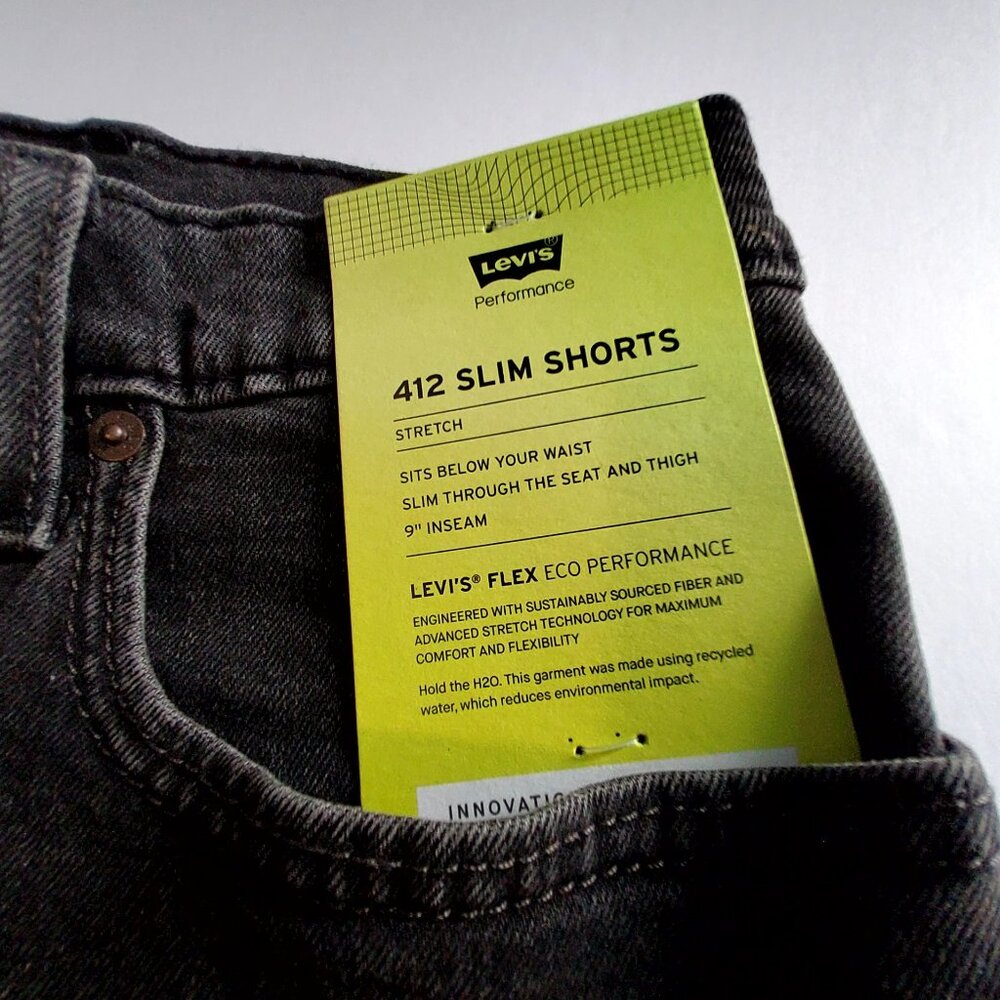 Levis 412 Slim Stretch Black Denim Shorts 9" Inseam Eco Performance Mens Size 40 - Picture 6 of 15
